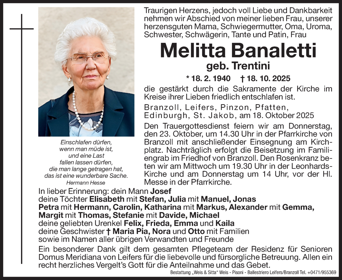  Traueranzeige für Melitta Banaletti vom 21.10.2025 aus Dolomiten