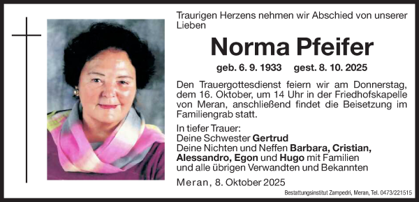 Traueranzeige von Norma Pfeifer von Dolomiten
