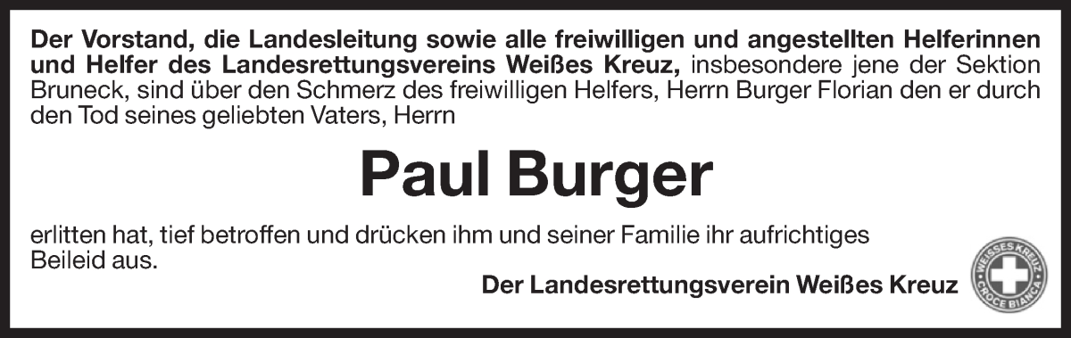  Traueranzeige für Paul Burger vom 30.10.2025 aus Dolomiten