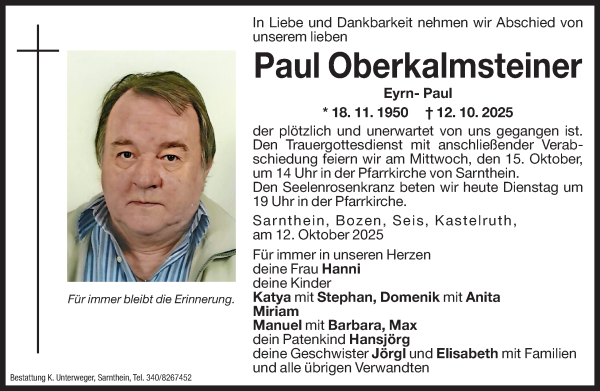 Traueranzeige von Paul Oberkalmsteiner von Dolomiten