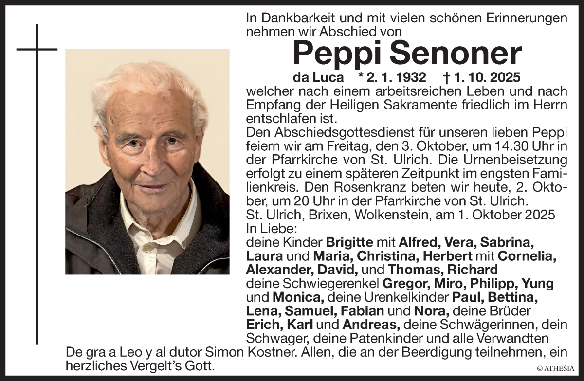  Traueranzeige für Peppi Senoner vom 02.10.2025 aus Dolomiten