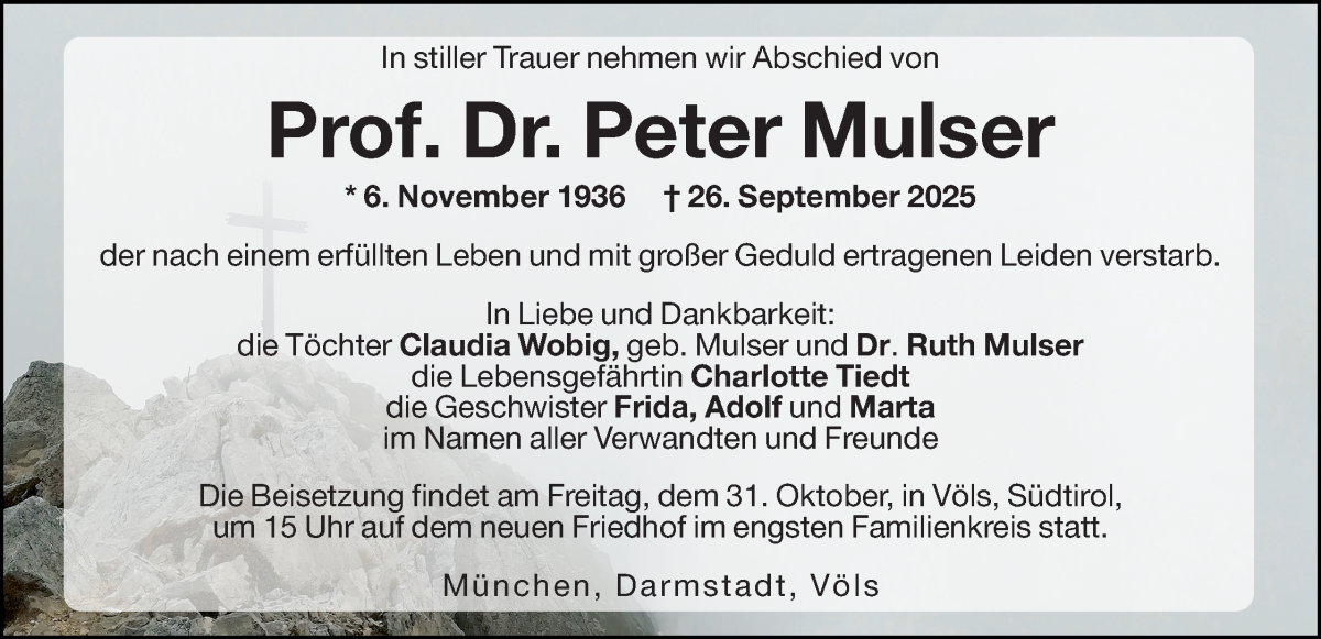  Traueranzeige für Peter Mulser vom 25.10.2025 aus Dolomiten
