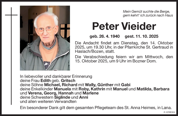 Traueranzeige von Peter Vieider von Dolomiten