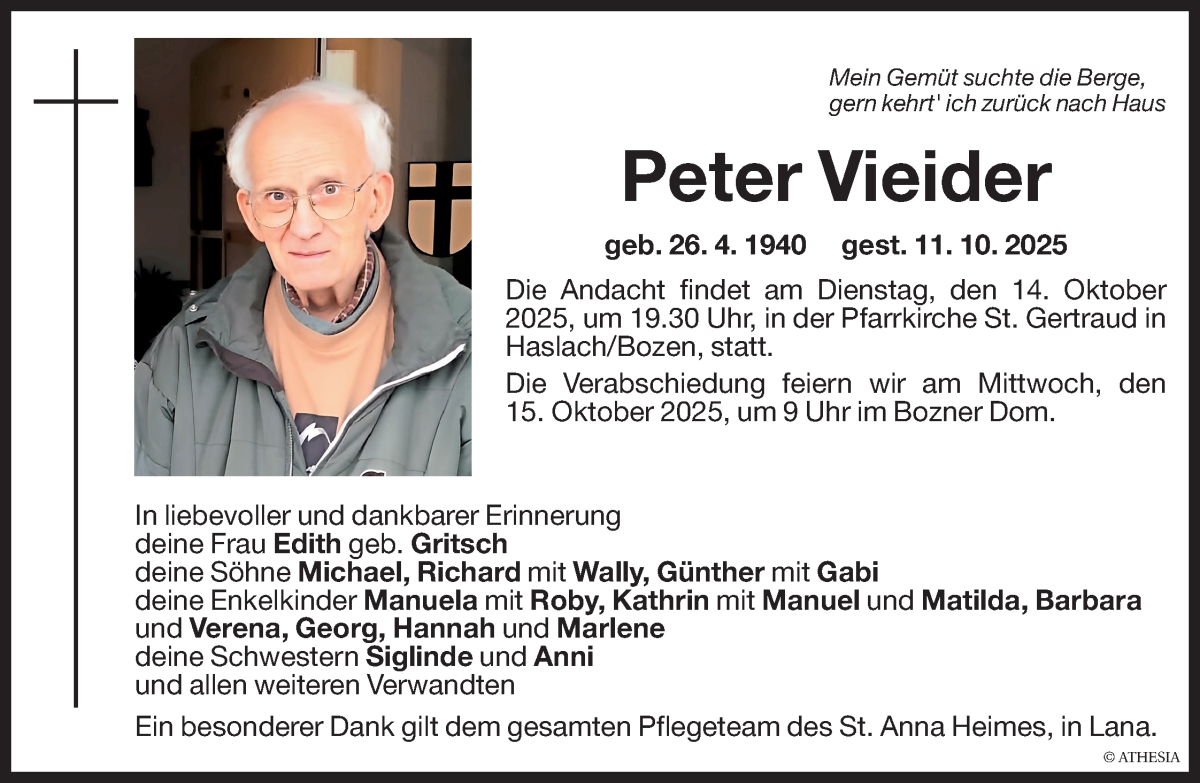  Traueranzeige für Peter Vieider vom 13.10.2025 aus Dolomiten