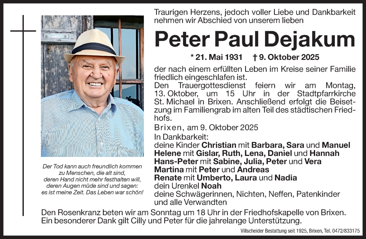 Traueranzeige für Peter Paul Dejakum vom 11.10.2025 aus Dolomiten