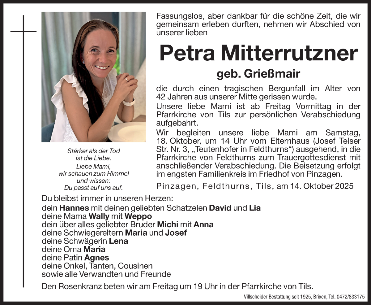  Traueranzeige für Petra Mitterrutzner vom 16.10.2025 aus Dolomiten