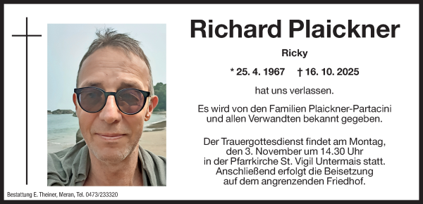 Traueranzeige von Richard Plaickner von Dolomiten