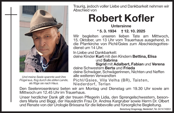 Traueranzeige von Robert Kofler von Dolomiten