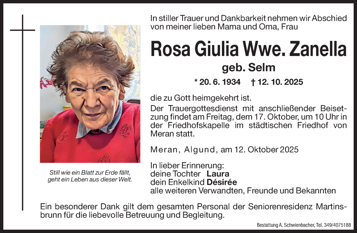 Traueranzeige für Rosa Giulia Zanella vom 15.10.2025 aus Dolomiten