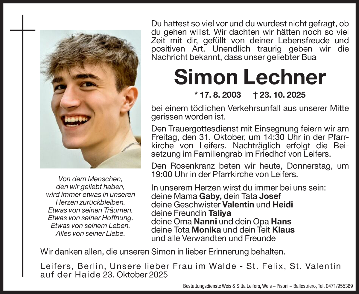  Traueranzeige für Simon Lechner vom 30.10.2025 aus Dolomiten