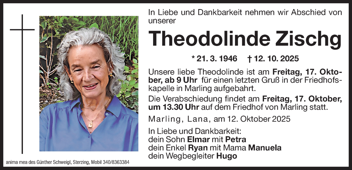  Traueranzeige für Theodolinde Zischg vom 16.10.2025 aus Dolomiten
