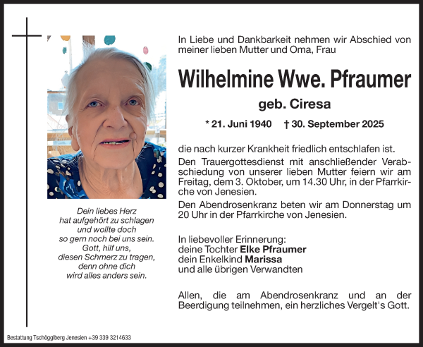 Traueranzeige von Wilhelmine Pfraumer von Dolomiten