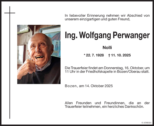 Traueranzeige von Wolfgang Perwanger von Dolomiten