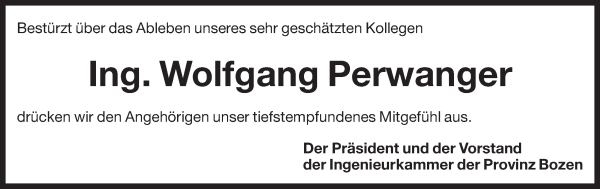 Traueranzeige von Wolfgang Perwanger von Dolomiten
