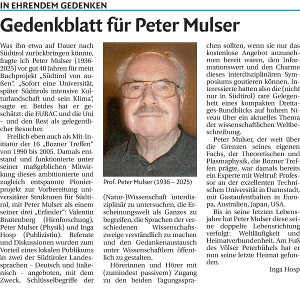 Traueranzeige von Peter Mulser von Dolomiten