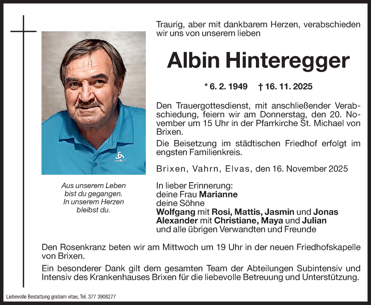  Traueranzeige für Albin Hinteregger vom 17.11.2025 aus Dolomiten