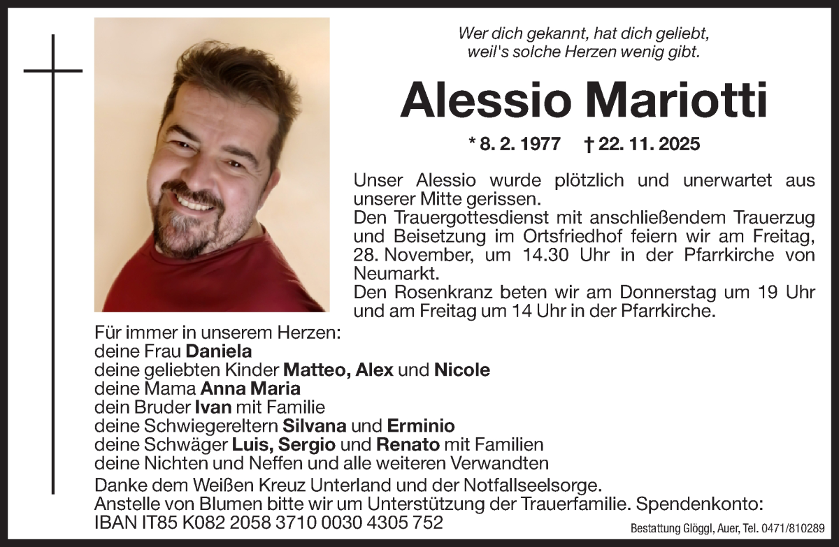  Traueranzeige für Alessio Mariotti vom 26.11.2025 aus Dolomiten