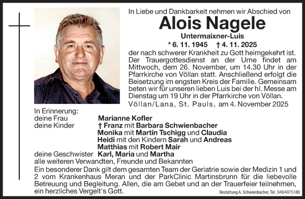 Traueranzeige von Alois Nagele von Dolomiten