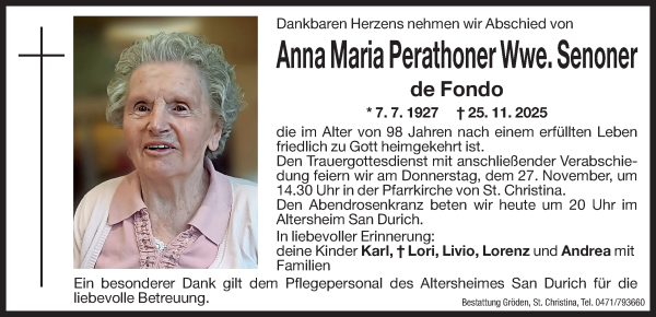 Traueranzeige von Anna Maria Senoner von Dolomiten