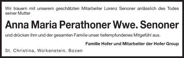 Traueranzeige von Anna Maria Senoner von Dolomiten