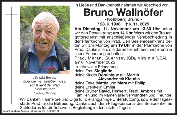 Traueranzeige von Bruno Wallnöfer von Dolomiten