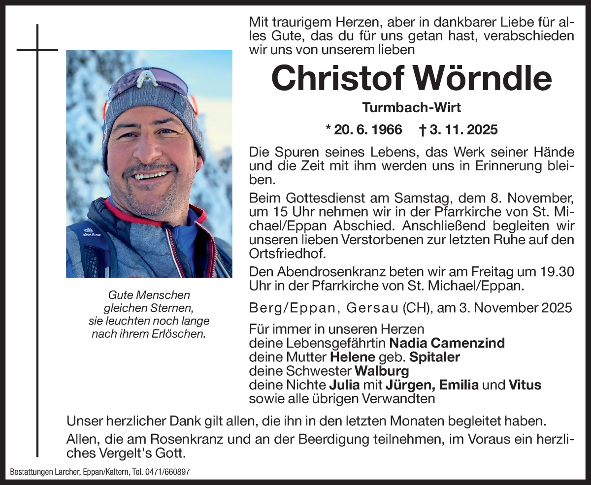  Traueranzeige für Christof Wörndle vom 05.11.2025 aus Dolomiten