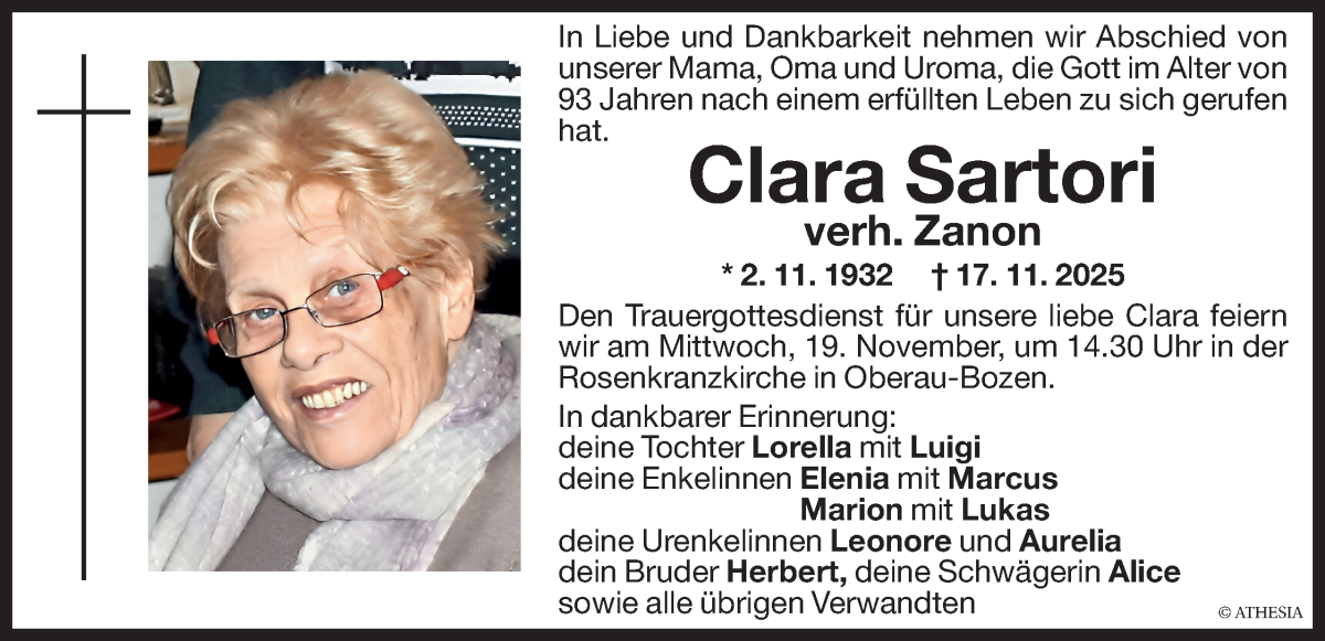  Traueranzeige für Clara Zanon vom 18.11.2025 aus Dolomiten