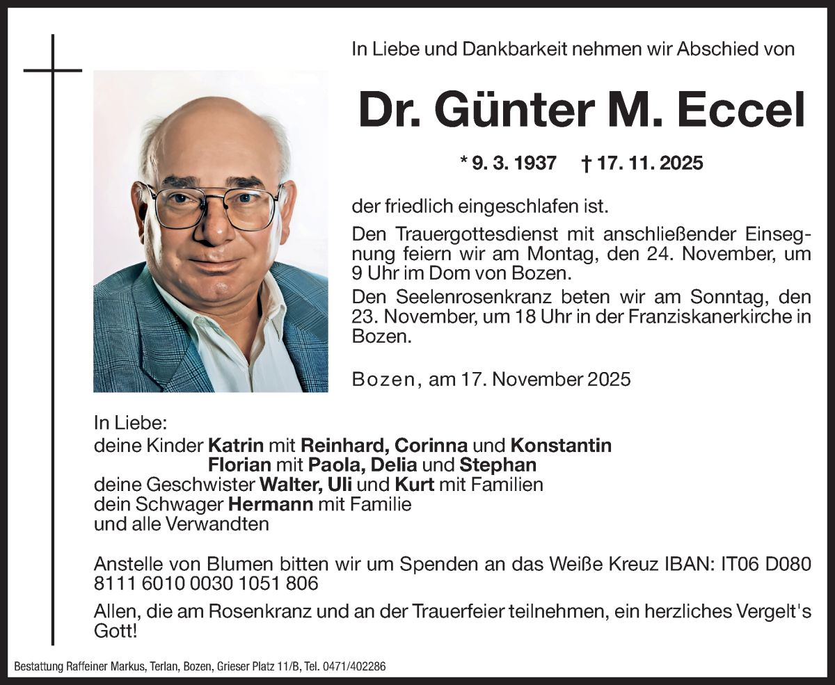  Traueranzeige für Dr. Günter M. Eccel vom 19.11.2025 aus Dolomiten