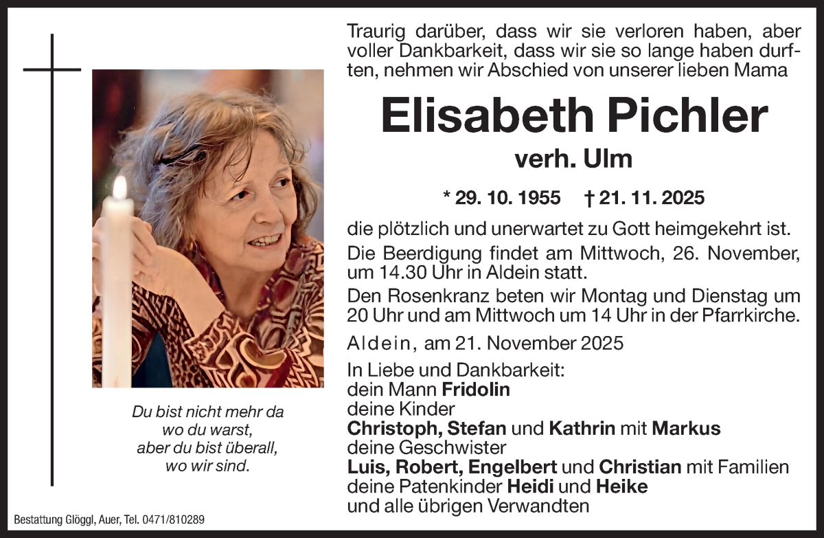  Traueranzeige für Elisabeth Pichler verh. Ulm  vom 22.11.2025 aus Dolomiten