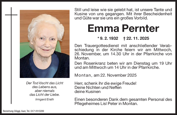 Traueranzeige von Emma Pernter von Dolomiten