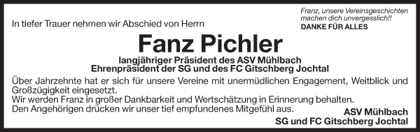 Traueranzeige von Franz Pichler von Dolomiten