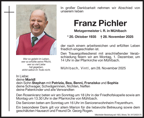 Traueranzeige von Franz Pichler von Dolomiten