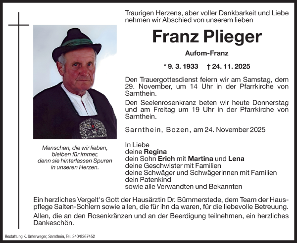 Traueranzeige von Franz Plieger von Dolomiten
