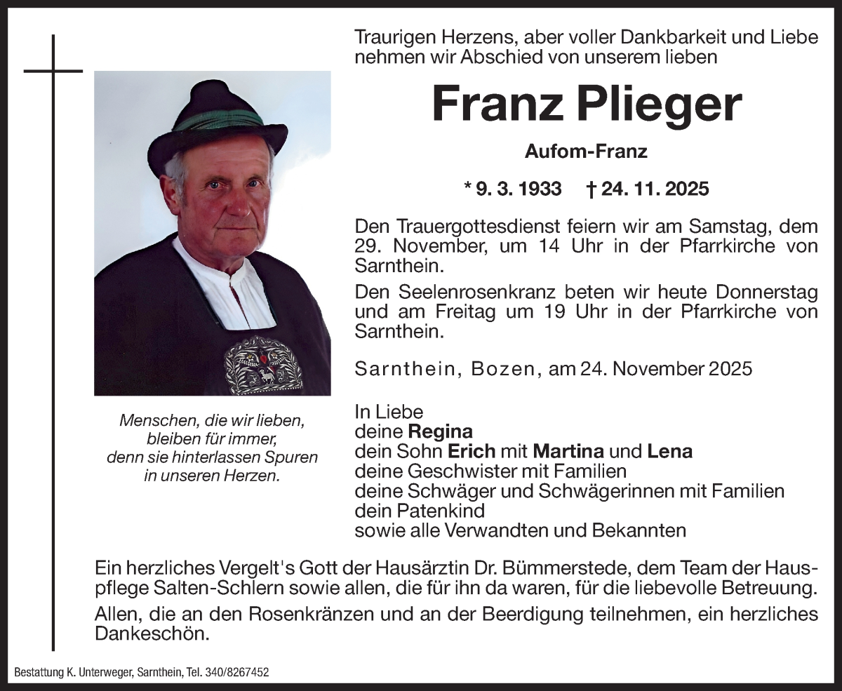 Traueranzeige für Franz Plieger vom 27.11.2025 aus Dolomiten