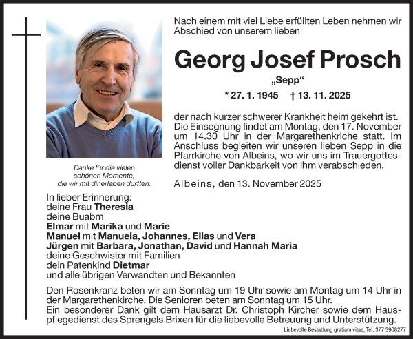 Traueranzeige von Georg Josef Prosch von Dolomiten