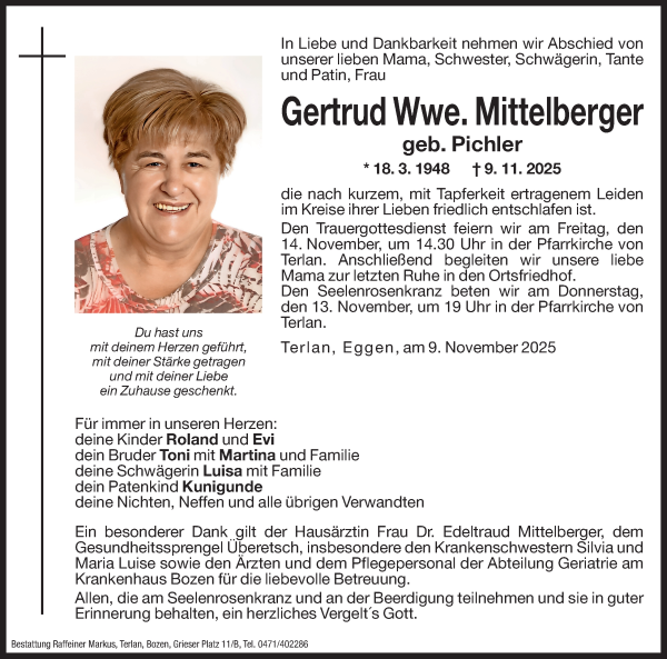 Traueranzeige von Gertrud Mittelberger von Dolomiten