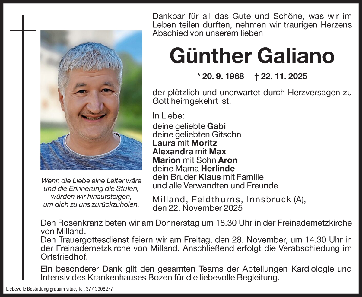  Traueranzeige für Günther  Galiano vom 26.11.2025 aus Dolomiten