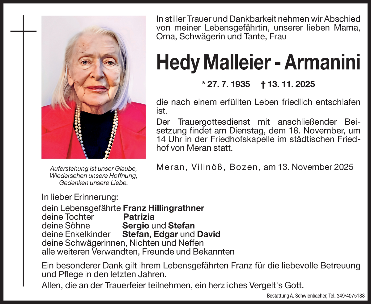  Traueranzeige für Hedy Malleier-Armanini vom 15.11.2025 aus Dolomiten