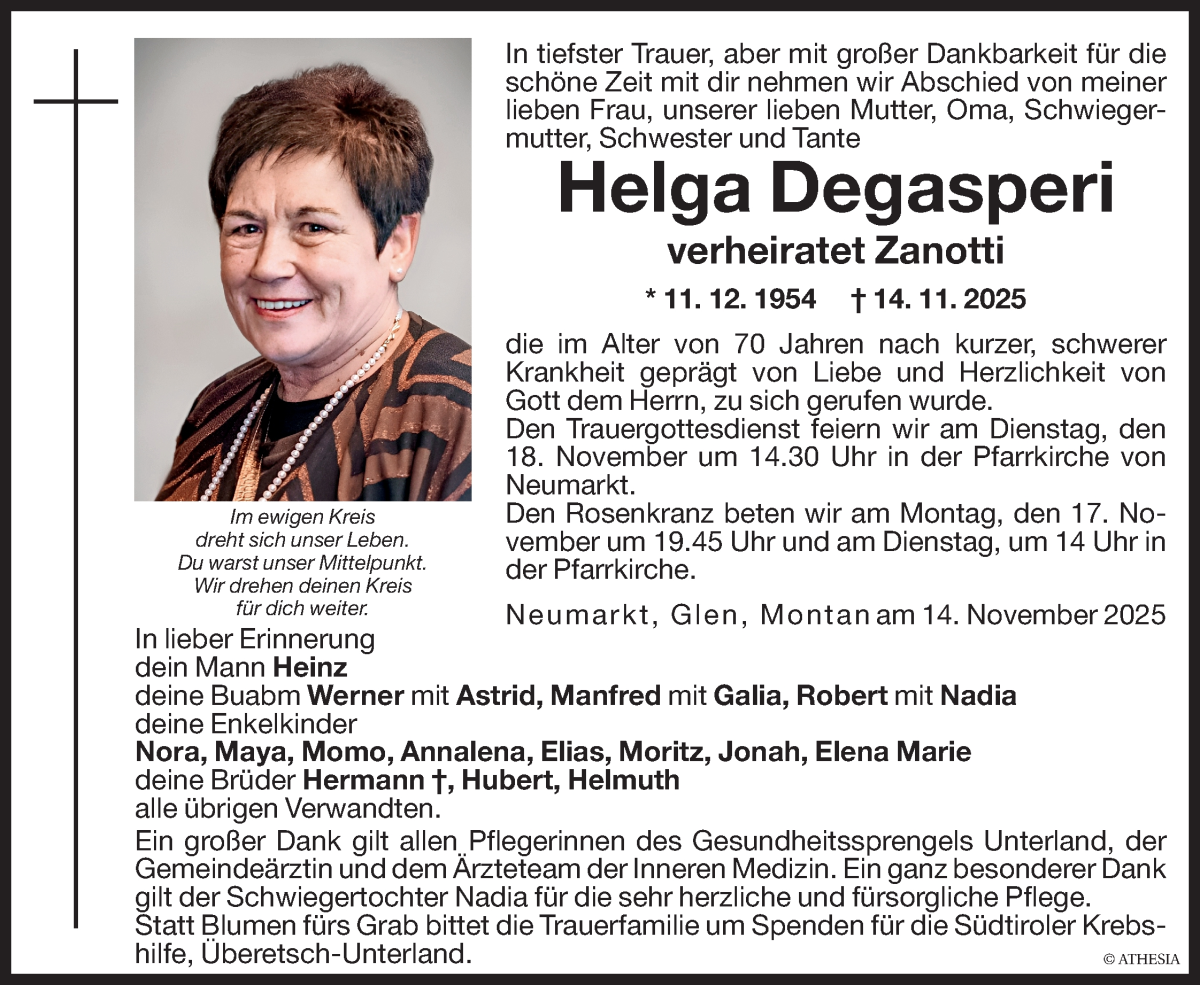  Traueranzeige für Helga Zanotti vom 15.11.2025 aus Dolomiten