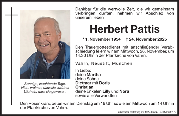 Traueranzeige von Herbert Pattis von Dolomiten