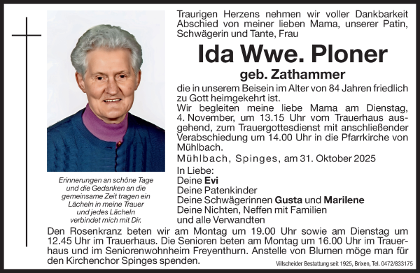 Traueranzeige von Ida Ploner von Dolomiten