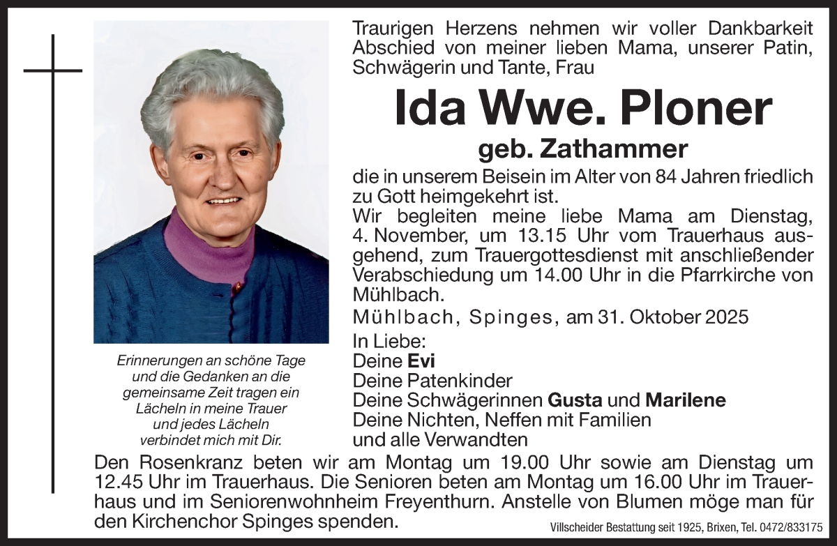  Traueranzeige für Ida Ploner vom 03.11.2025 aus Dolomiten