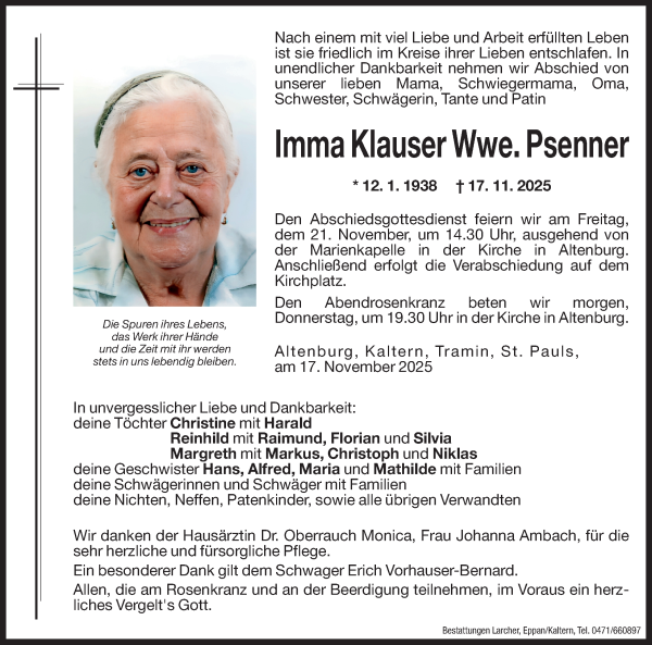 Traueranzeige von Imma Psenner von Dolomiten