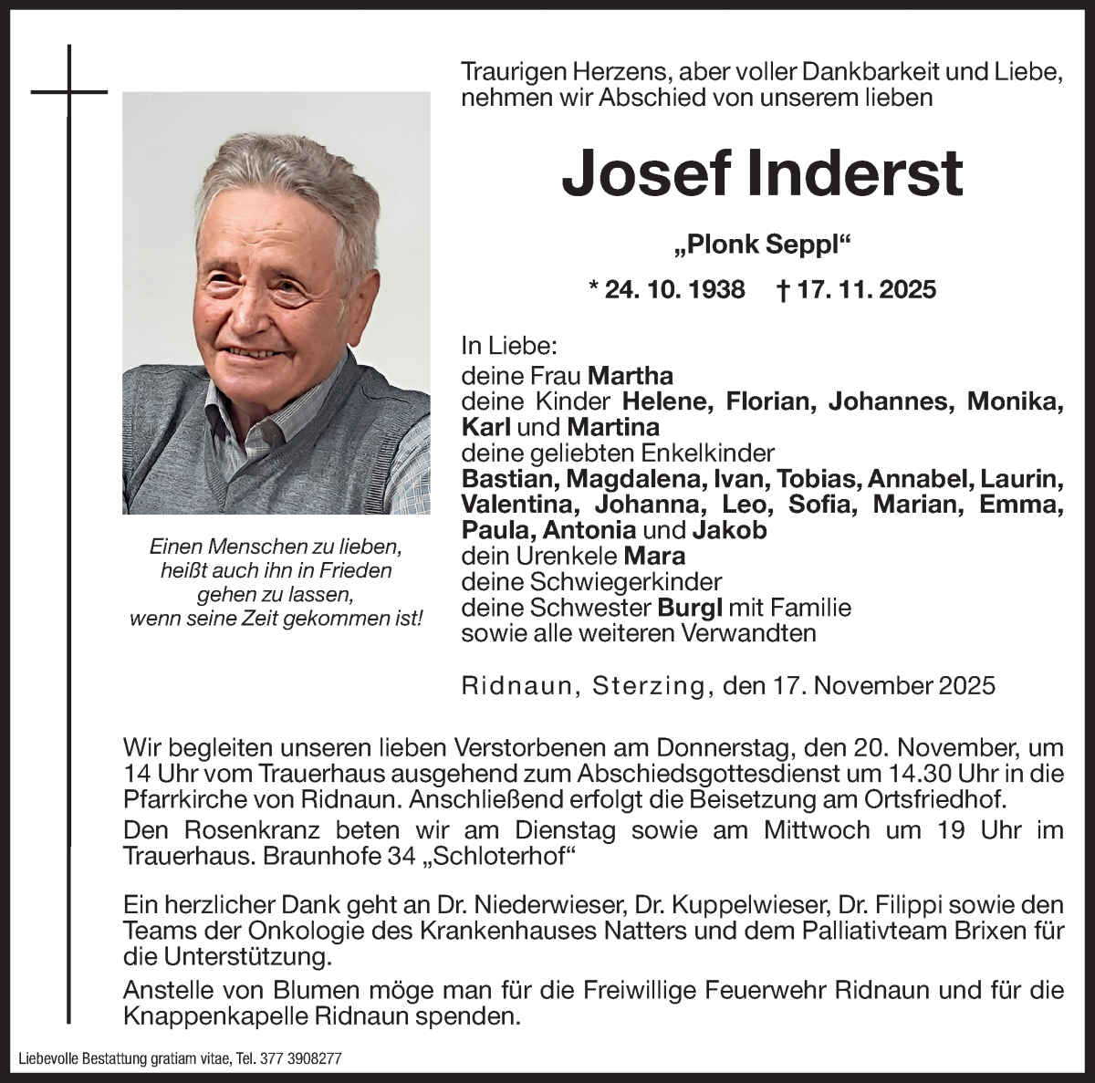  Traueranzeige für Josef Inderst vom 18.11.2025 aus Dolomiten