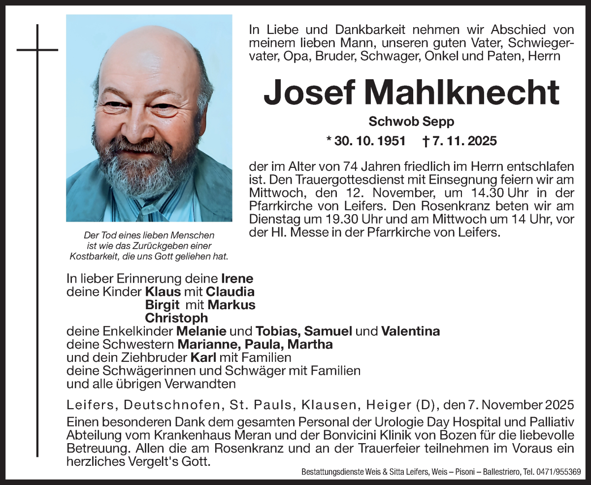  Traueranzeige für Josef Mahlknecht vom 10.11.2025 aus Dolomiten