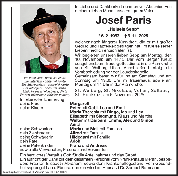 Traueranzeige von Josef Paris von Dolomiten
