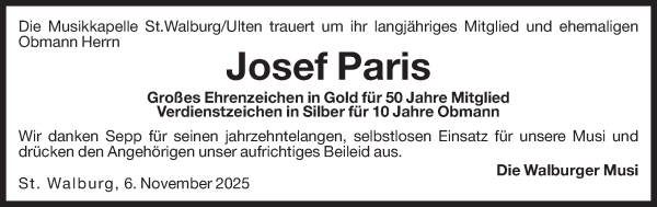 Traueranzeige von Josef Paris von Dolomiten