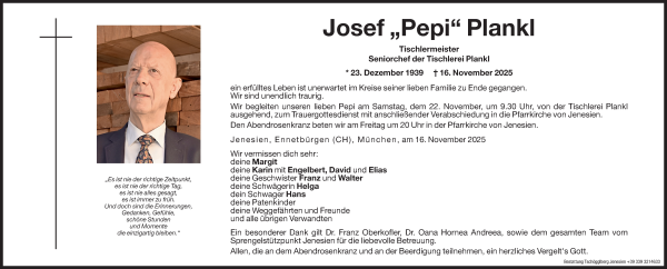Traueranzeige von Josef Plankl von Dolomiten