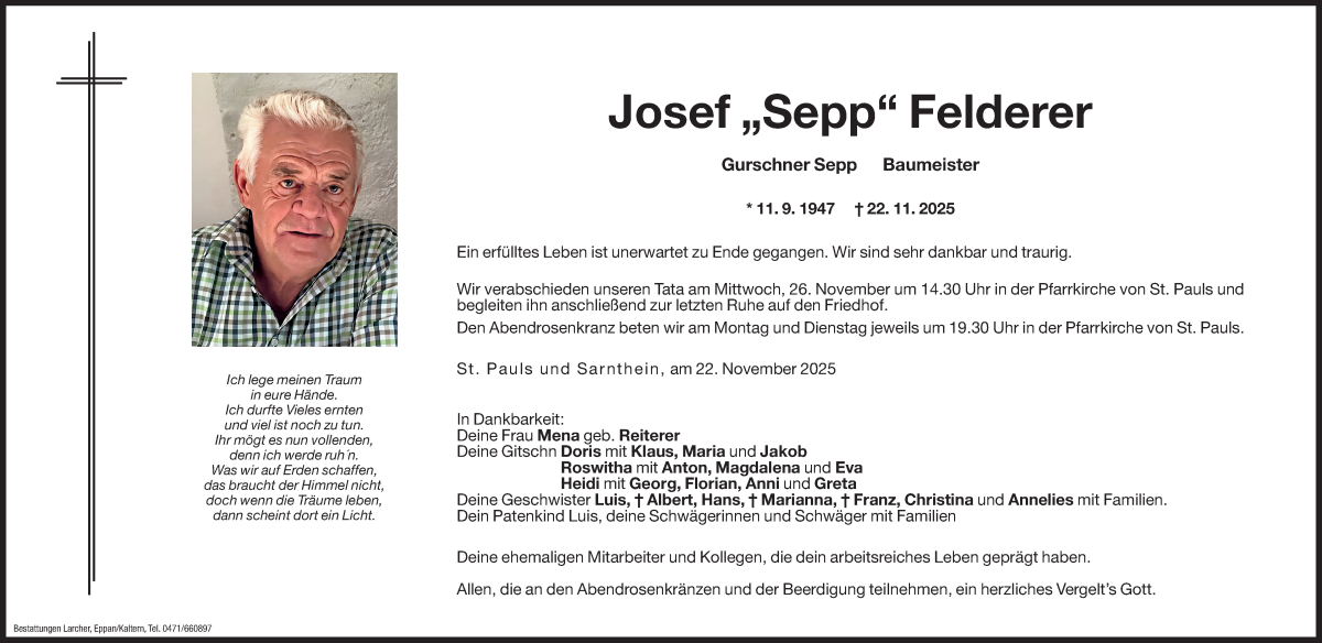 Traueranzeige für Josef „Sepp“  Felderer vom 24.11.2025 aus Dolomiten