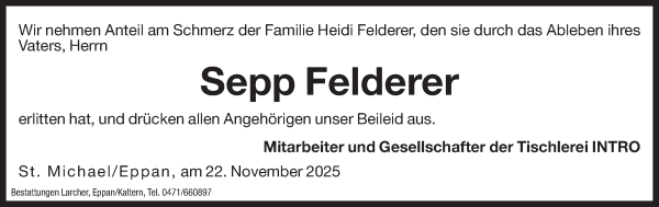 Traueranzeige von Josef „Sepp“  Felderer von Dolomiten